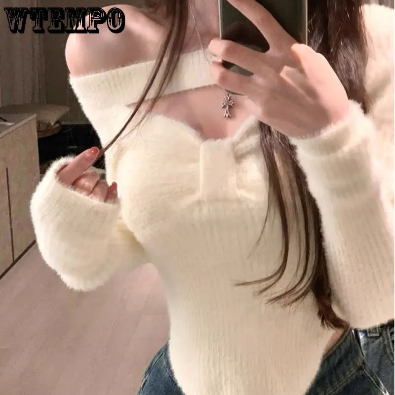 

Привлекательный вязаный свитер, Женский дизайнерский облегающий корейский модный элегантный пуловер, женские укороченные топы для офиса ...