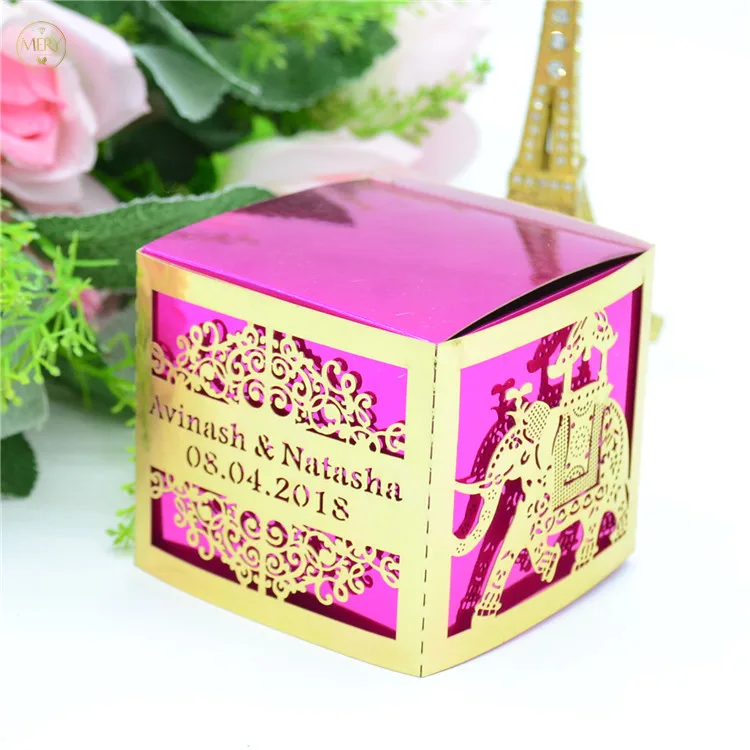 

Personalized Names Elephant Design Laser Cut Indian Wedding Cube Sweet Boxes with Decoration
