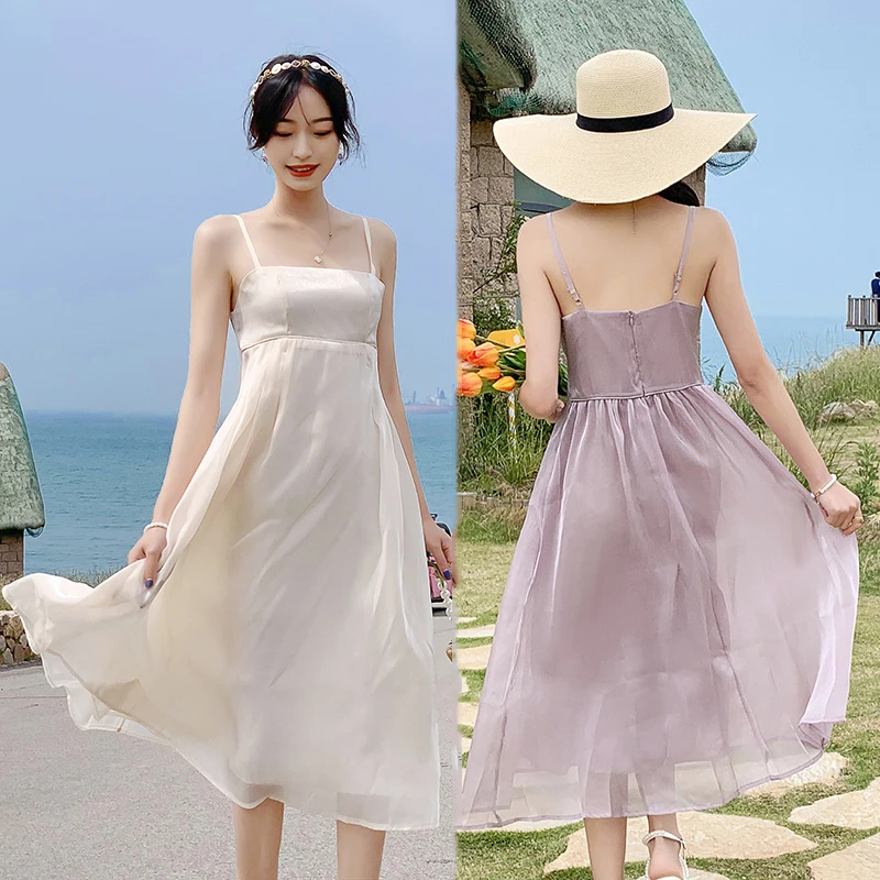 

NEW Purple Shining Women Slip Dress Summer 2022 Runway Elegant Cute Korean Casual Y2k Sundress Beach Vacation Party Night Dress