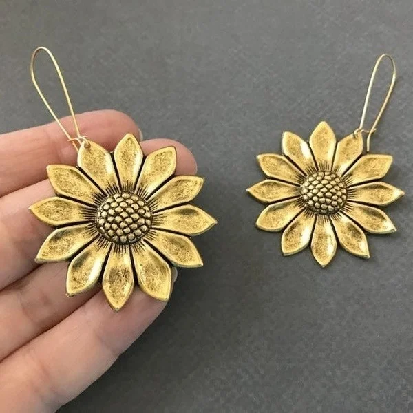 

Luxury Gold Color Sunflower Earrings LARGE Sunflower Bohemian Flower Inspired Statement Earrings Woodland Wedding Hippie Jewelry
