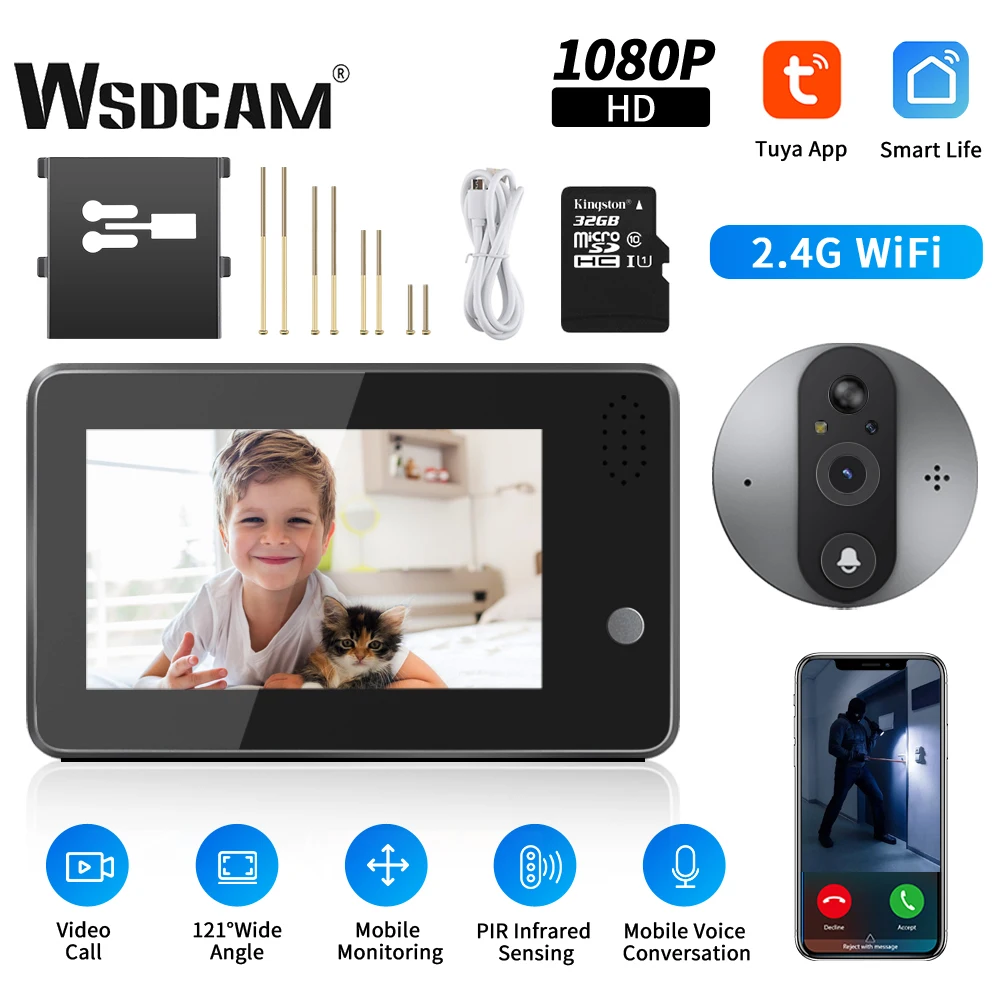 WSDCAM Wifi Peephole Camera Two-way Audio Door Bell Motion Detection Record Tuya Smart Video Doorbell Night Vision Home Security