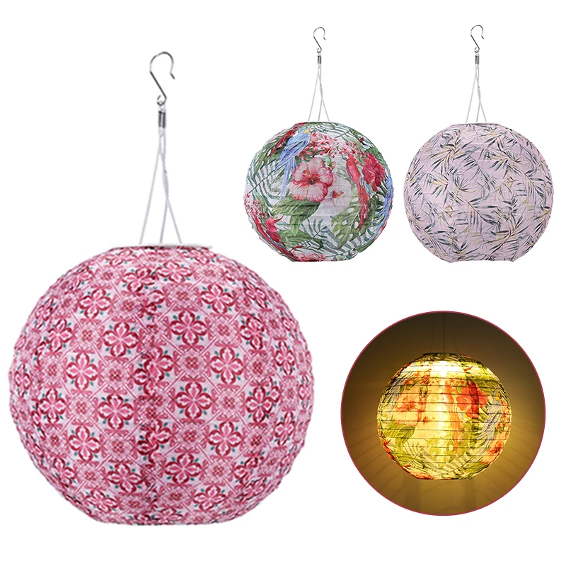 

10 inch Chinese/Japanese Solar LED Round Lantern Waterproof Nylon Warm Light Hanging Lamp Ball for Wedding Birthday Party Decor