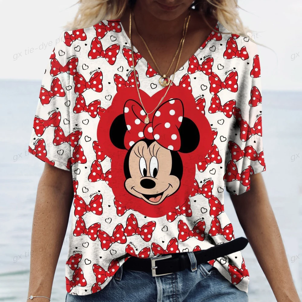 

Футболка женская повседневная с V-образным вырезом, модный топ с принтом Микки Мауса, Повседневная рубашка с принтом Диснея, уличная одежда, лето