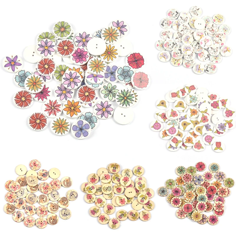 

50pcs 25mm Mixed Vintage Round Wooden Buttons 2 Holes Handmade Crafts Garment Sewing Accessories DIY Scrapbook Embellishments