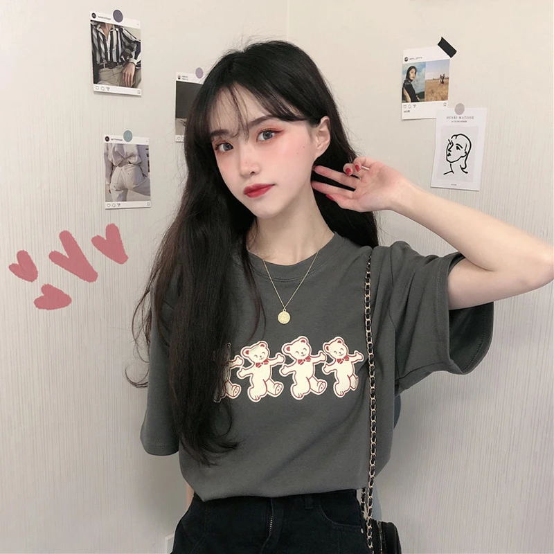 

YouGeMan Симпатичные медведи, женские футболки с коротким рукавом, мультяшная Женская одежда, футболка с принтом медведя в стиле Харадзюку, топ...