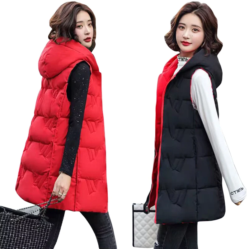 

Fashion Korean Double Side Wear Vests Hooded Down Vest Women Waistcoat Sleeveless Jacket 2023 Autumn Winter Female Coat Y