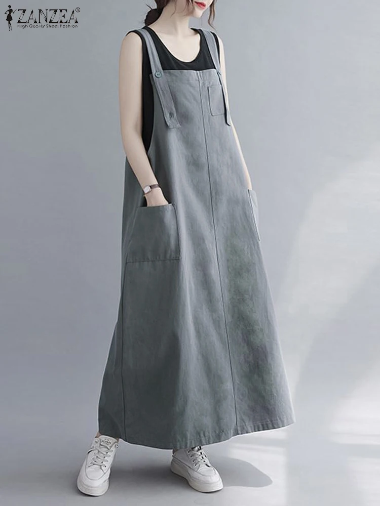 

ZANZEA Women Sleeveless Maxi Dress Fashion Workwear Pockets Vestidos 2023 Summer Adjustable Shoulder Straps Dresses Streetwear