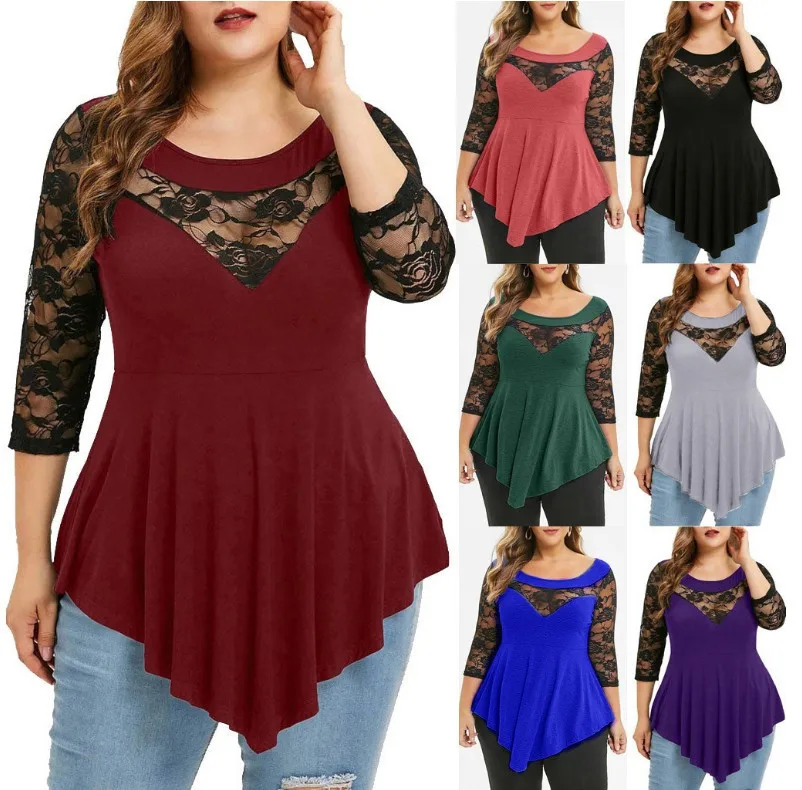 

Women's Spring and Summer Short Sleeve T-shirt Hollow Out Floral Lace Tops Casual Irregular Top Three Quarter Sleeves