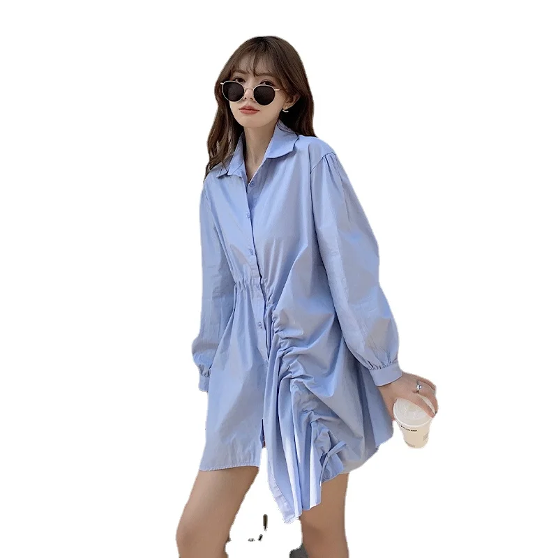 

2023 New Summer Black Loose Plus-Size Dress for Women Long Sleeve Blue Korean Single Breasted Shirt Dress White Mandarin Collar