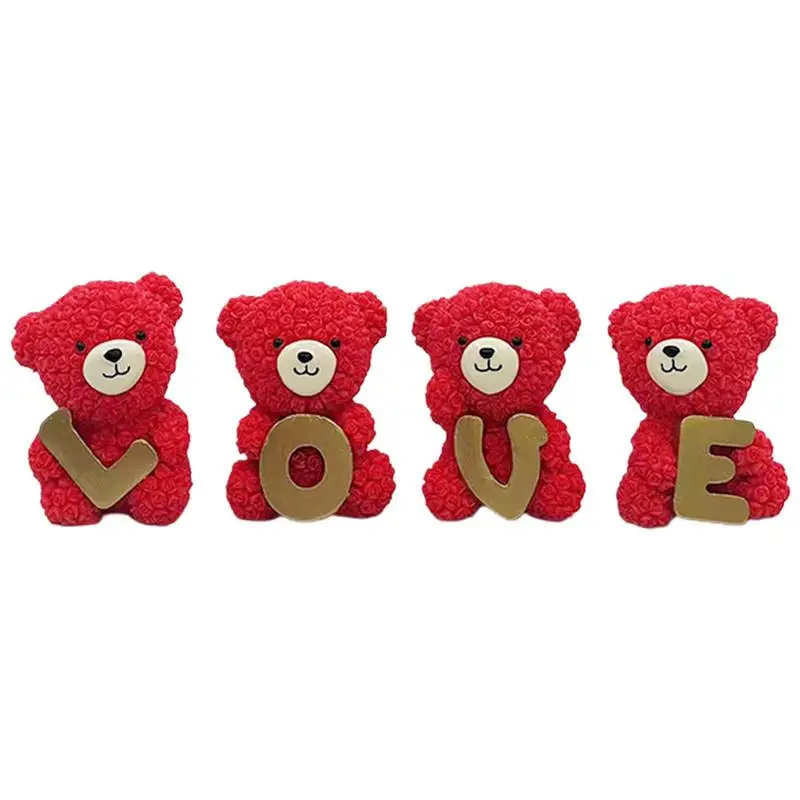 

4pcs Teddy Bear Figurines Love Flower Bear Tabletop Decorations Resin Statues Valentines Day Mother's Day Gifts Wedding Supplies
