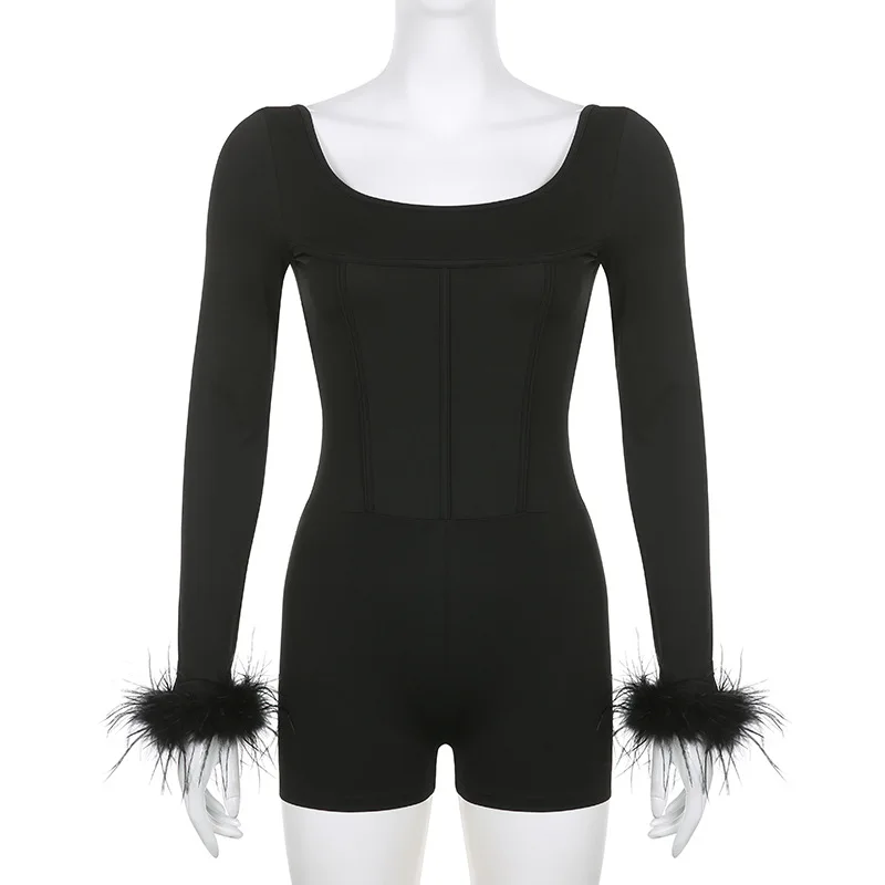 Sexy Black Sheer One Pieces Rompers Playsuits Clubwear Long Sleeve Feather Square Neck Backless Mesh See Through Short Jumpsuits