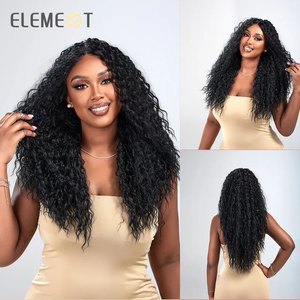 ELEMENT New Style Synthetic Long Wavy Curly Black Middle Part Hair Wigs for Women Heat Resistant  Party Daily Wig Peluca Hair