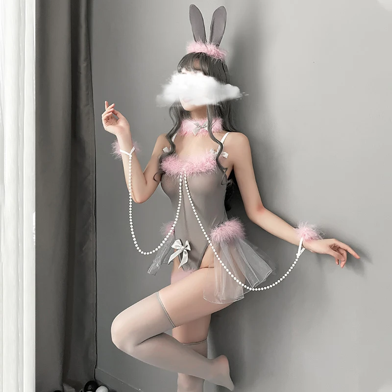 

New Sexy Bunny Girl Cosplay Outfit Japanese Anime Grey Rabbit Uniform Mesh Pearl Costume Porno Party Bodysuit Women Lingerie Set