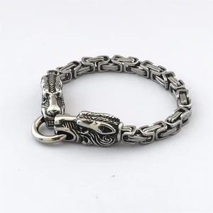 Mens Celtic Wolf Bracelet Viking Stainless Steel Wolf Head King Chain Bracelet