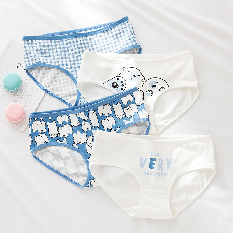 

3Pcs/set Large Size Cotton Panties For Women Skin-friendly Briefs Blue Polar Bear Print Underpant Plus Mid-Waist Ladies Lingerie