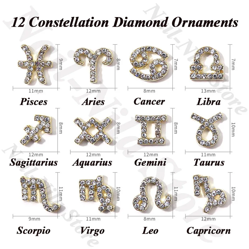 

12 Zodiac Ring Inlaid Diamond Alloy Jewelry Net Red Aries Lion 3D Fingertip Manicure DIY Nail Art Nail Decoration