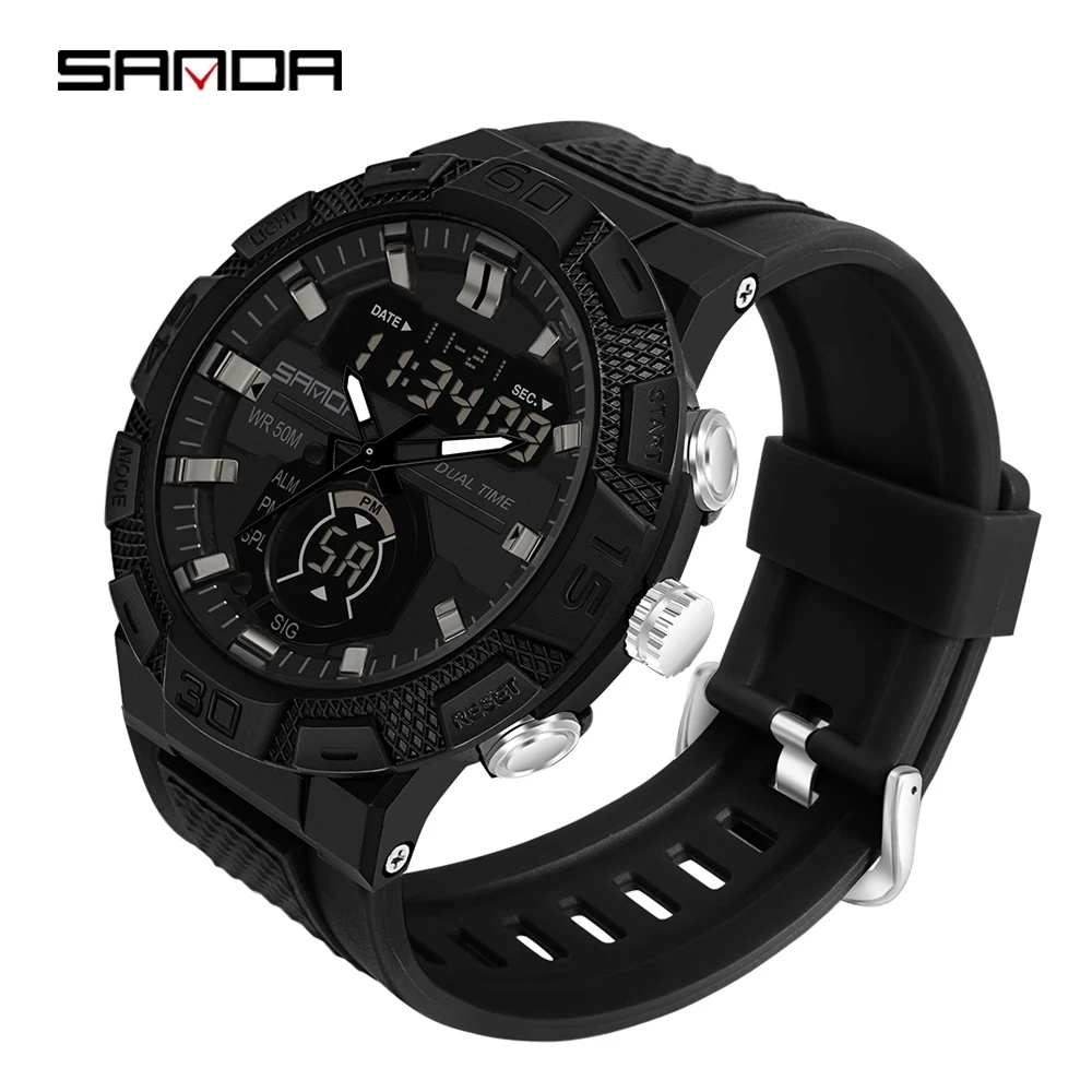 

SANDA New Men's Watches Sports Military Dual Display Wristwatch 50M Waterproof Quartz Digital LED Watch Relogio Masculino 3087