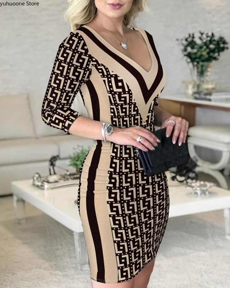 

Factory Wholesale Customization Geo Print V-Neck Bodycon Dress Party Dresses Elegant Dresses for Women Casual Women's Clothing