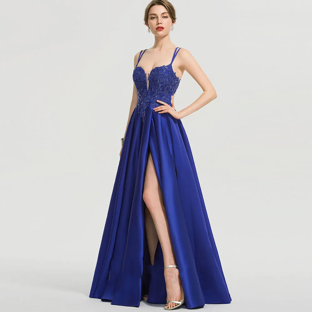 

Elegant Beaded Women Evening Party Blue Dresses Long Dubai V Neck Satin Floor Length A Line Formal Prom Gown Vestidos