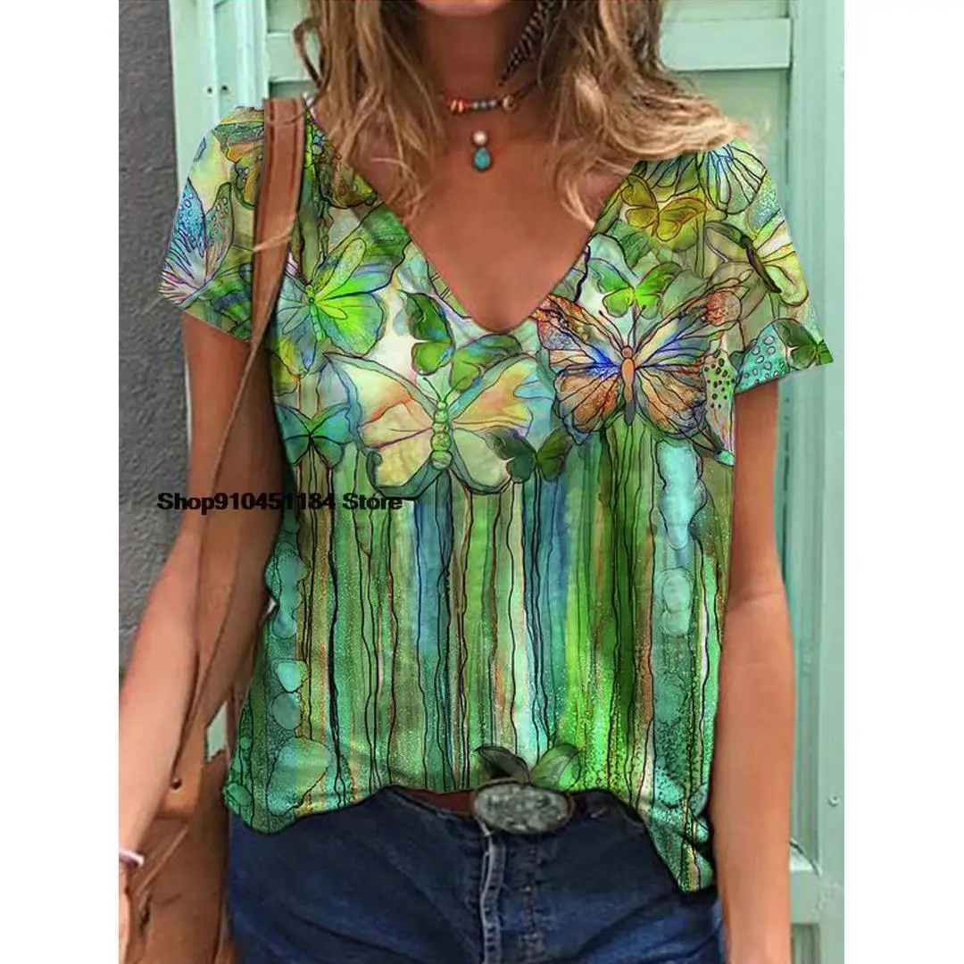 

Summer Tee Loose Casual Basic Tops 3D Butterfly Print Women Short Sleeve Oversized clothing Female V-Neck Fashion Streetwear