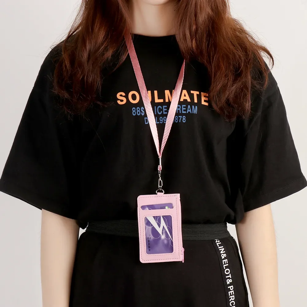 Badge Card Holder With Lanyard PU Leather Business Card Case Cover School Office Supplies Student Card Meal Card Case Pocket