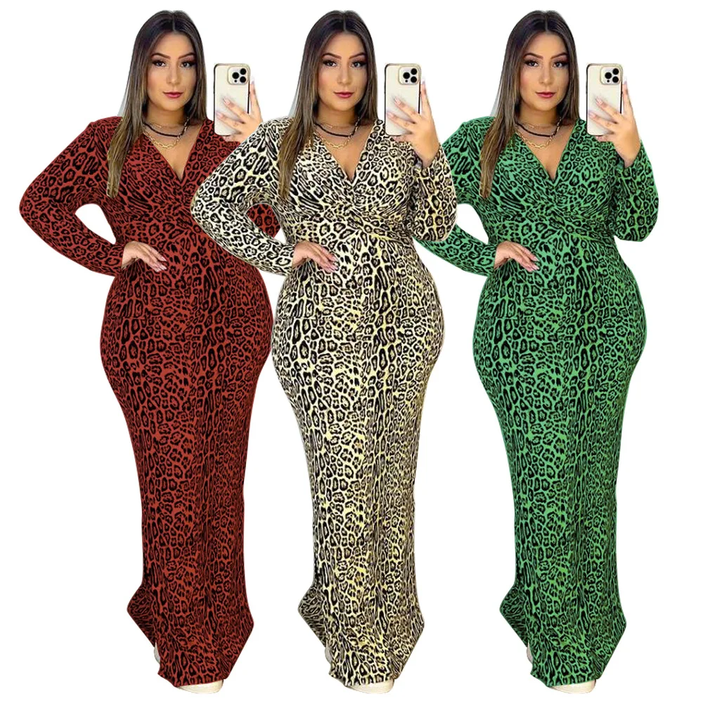 

Spring Autumn African Women Long Sleeve V-neck Polyester Leopard Printing Long Dress Maxi Dress Ankara Dresses L-4XL