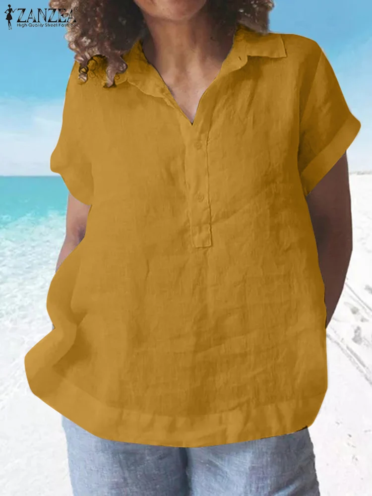 ZANZEA Oversize Elegant Summer Blouse Women Casual Loose Cotton Tunic Tops Female Work Blusas 2022 Lapel Neck Short Sleeve Shirt