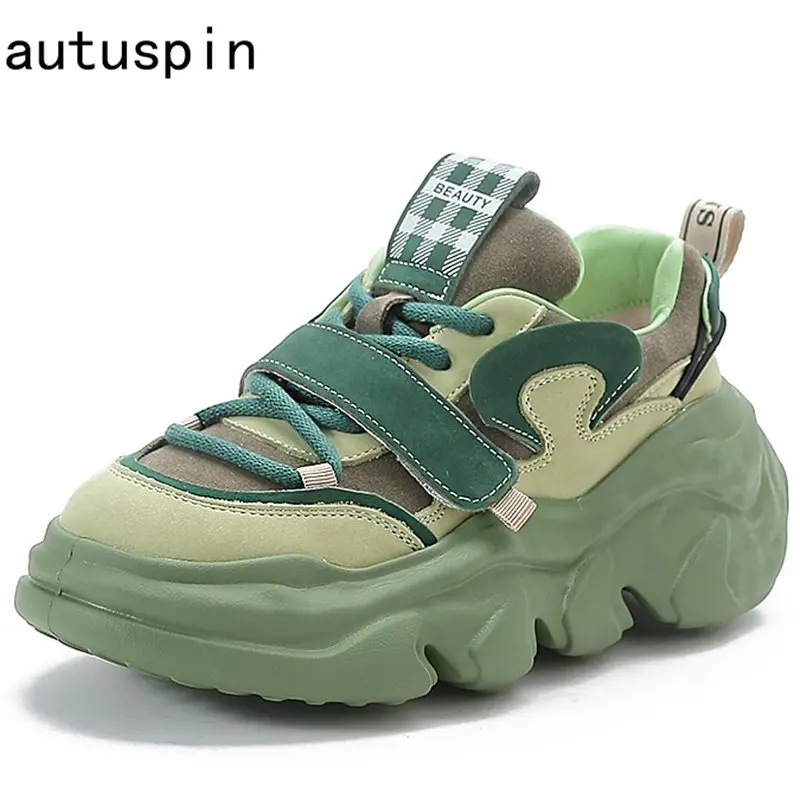 

Autuspin Vintage Mixed Colors Sneakers Women Spring Summer Cow Suede Leather Skateboard Shoes Ladies Retro Platform Flats Woman