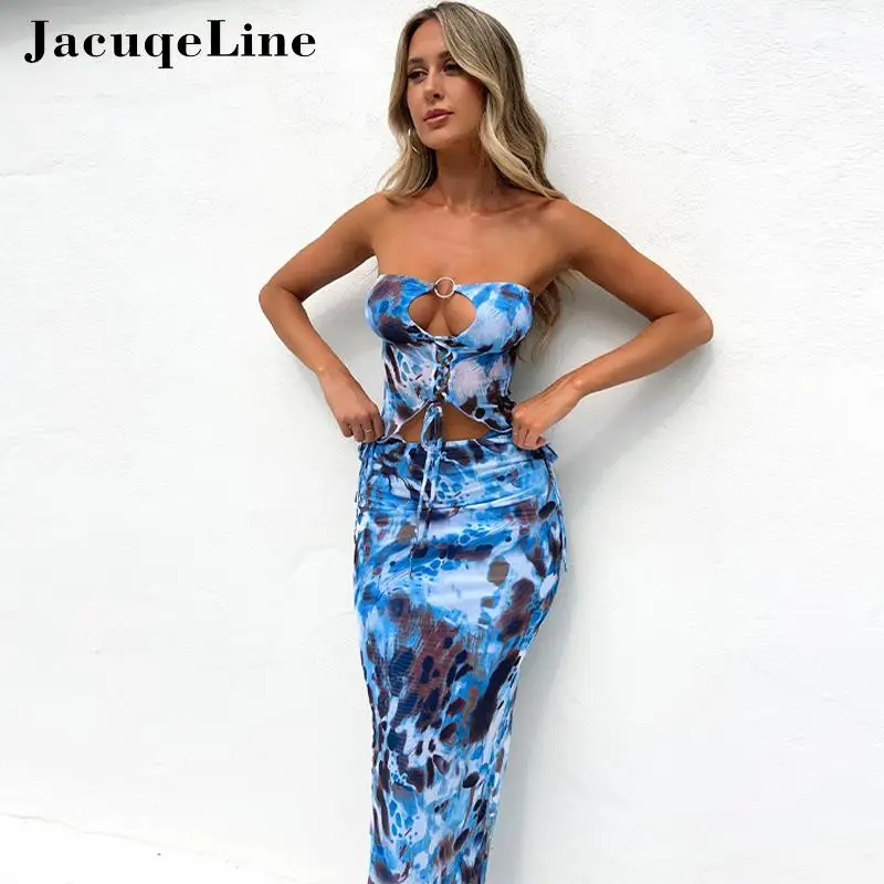 

Jacuqeline Summer Drawstring Print Dress Sets Women Beach Party Sexy Hollow Out Strapless Crop Top and Long Skirts Matching Set