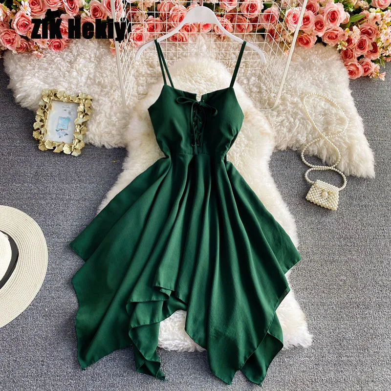 Купи Zik Hekiy Women Models of the Summer Of the New Pure Color Lace-up Sleeveless Irregular Pendulum Bustier Halter Dresses Women за 1,058 рублей в магазине AliExpress