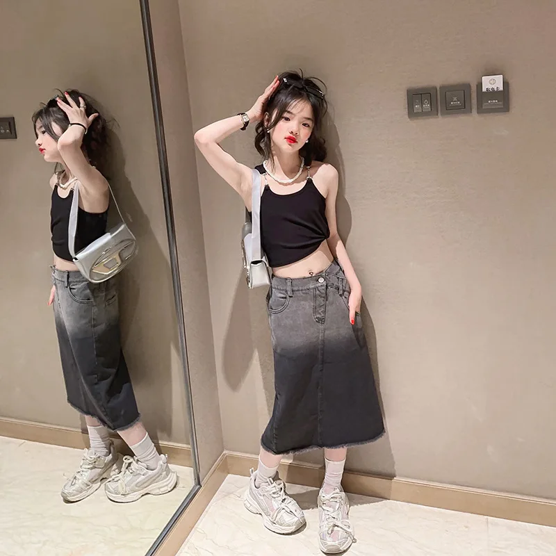 

4 To 15 Years Denim Skirt For Girls Summer Autumn New 2023 Casual Skirts Kids Mid Length Long Children Clothes Black