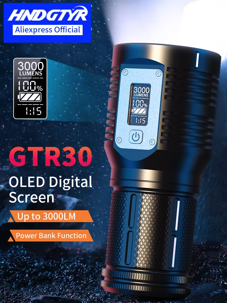Фото HNDGTYR Мощный фонарик GTR30 Тип C Перезаряжаемый светодиодный фонарь 3000 люмен OLED-цифровой дисплей Прожектор 10000 мАч Водонепроницаемый №1