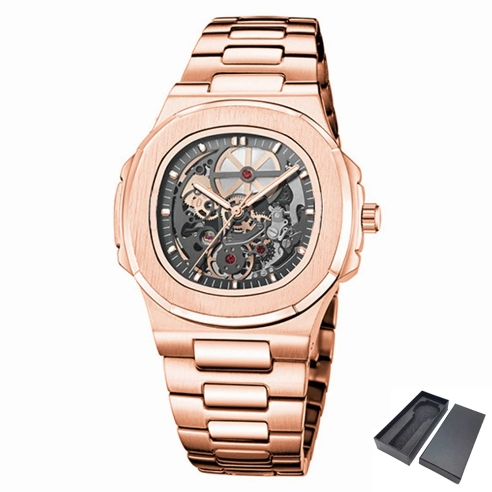 Rose Gold Mechanical Watches for Men Machinery Skeleton Tourbillon Automatic Mens Business Wristwatch Waterproof Orologio Uomo