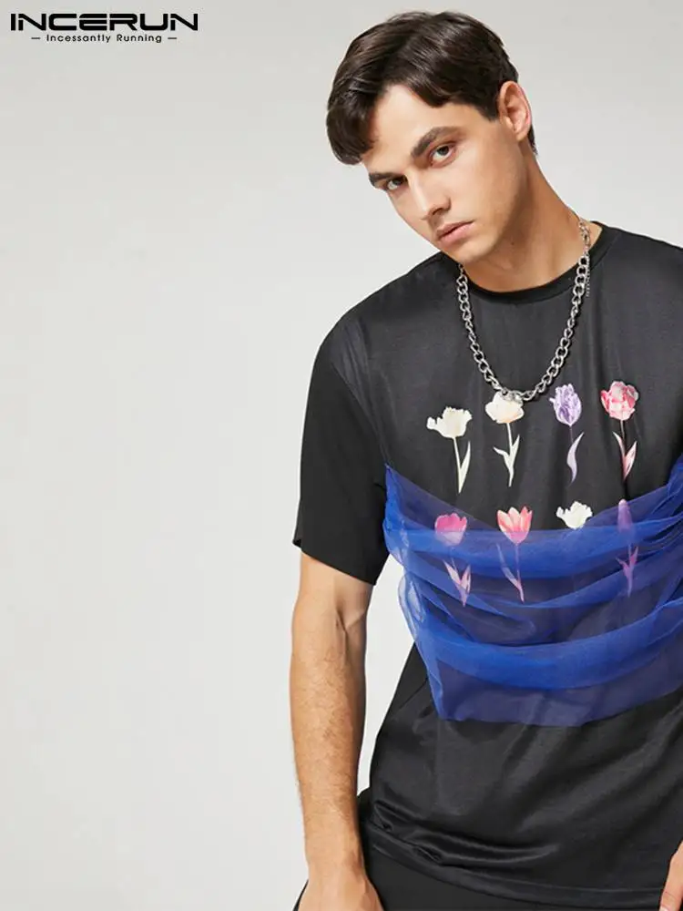 

Stylish Well Fitting Men's Tops INCERUN Printed Mesh Stitching O-Neck Camiseta Streetwear Hot Sale Short-sleeved T-shirts S-5XL