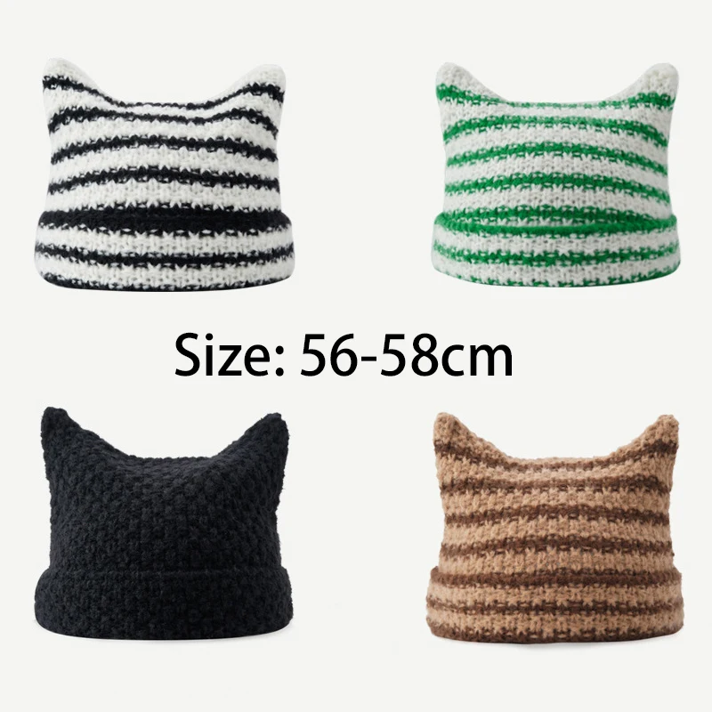 Japanese Harajuku Beanie Hat for Women Girls Punk Gothic Cat Ear Knitted Hat Autumn and Winter Warm Striped Knitted Wool Cap images - 6