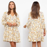 2022 autumn new casual long sleeve bandage v neck printed dress for women