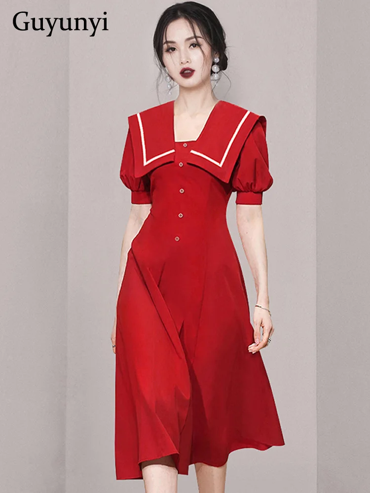 

Dignified Elegant Party Red Dress 2022 Summer Sailor Collar Decorative Single Breasted Puff Sleeve High Waist A-Line Dress Women