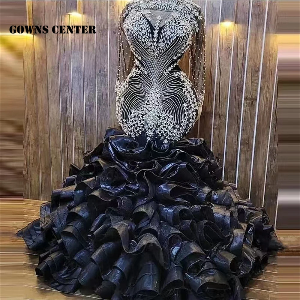 

Aso Ebi Black Ruffels Evening Dresses Long Sleeve Luxury Silver Crystal Beading Prom Gown Africa Party Gown Formal Dress Elegant