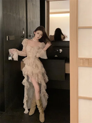 Женское многослойное платье с оборками, необычное платье с длинными рукавами и открытыми плечами, лето 2019