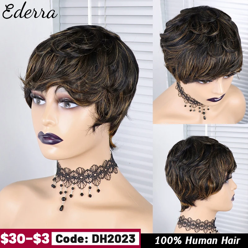 

Pixie Cut Short Bob Wigs For Black Women No Lace Front Human Hair Wig With Bang Brazilian Bone Straight Full Machine Cheap Wigs