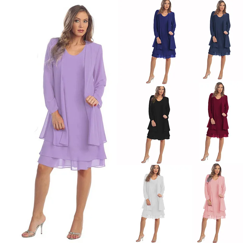 

New Summer Long Sleeve Two Piece Long Sleeve Solid Color Bodycon Plus Women Long Dress