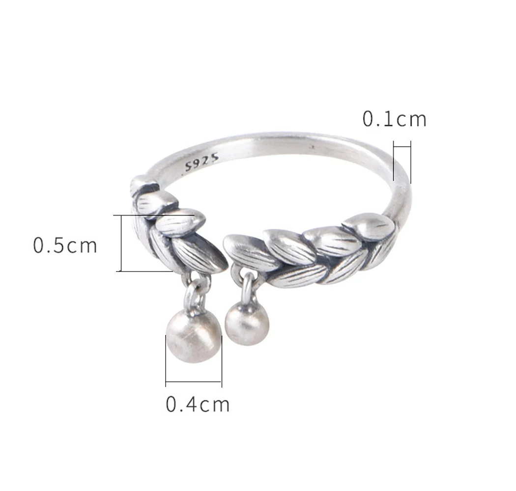 

S925 Silver Vintage Wheat Ring Artistic Simple Silver bead fringe adjustable ring ring for women