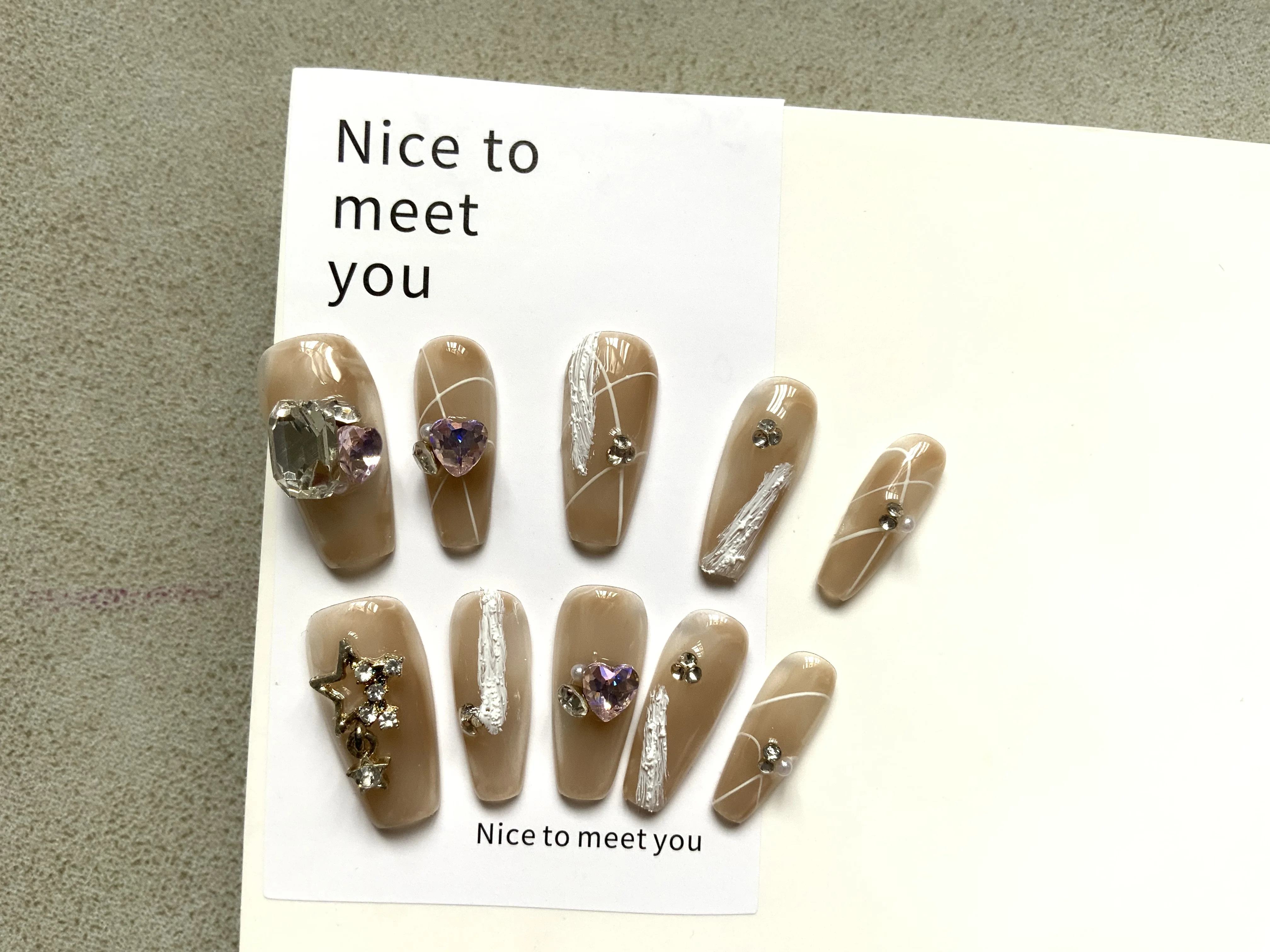 Накладные ногти Pree on Glue Beauty Love Heart Diamond Stone Coffee Camel White Ручная работа Высокое