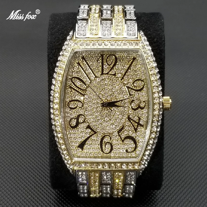 

MISSFOX 2022 Iced Out Watch Men Luxury Brand Full Diamond Watches AAA CZ Waterproof Hip Hop Fashion Tonneau Clock Gift For Men