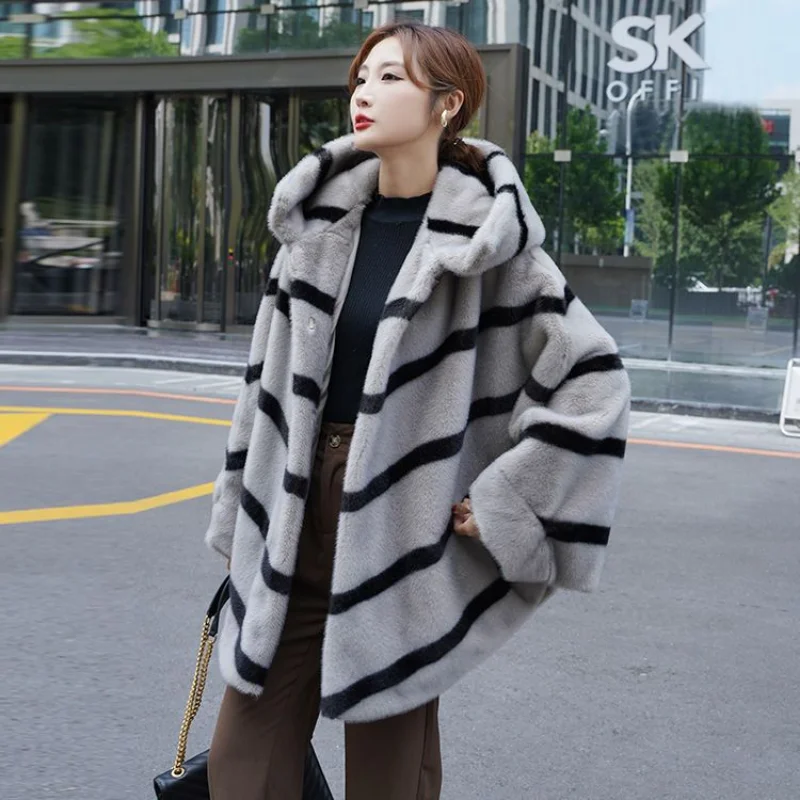 Autumn Winter Luxury Tops Faux Fur Jacket Mink Hair Flying Bat Fir Loose Hooded Warm Women's Coat Korean Fashion
