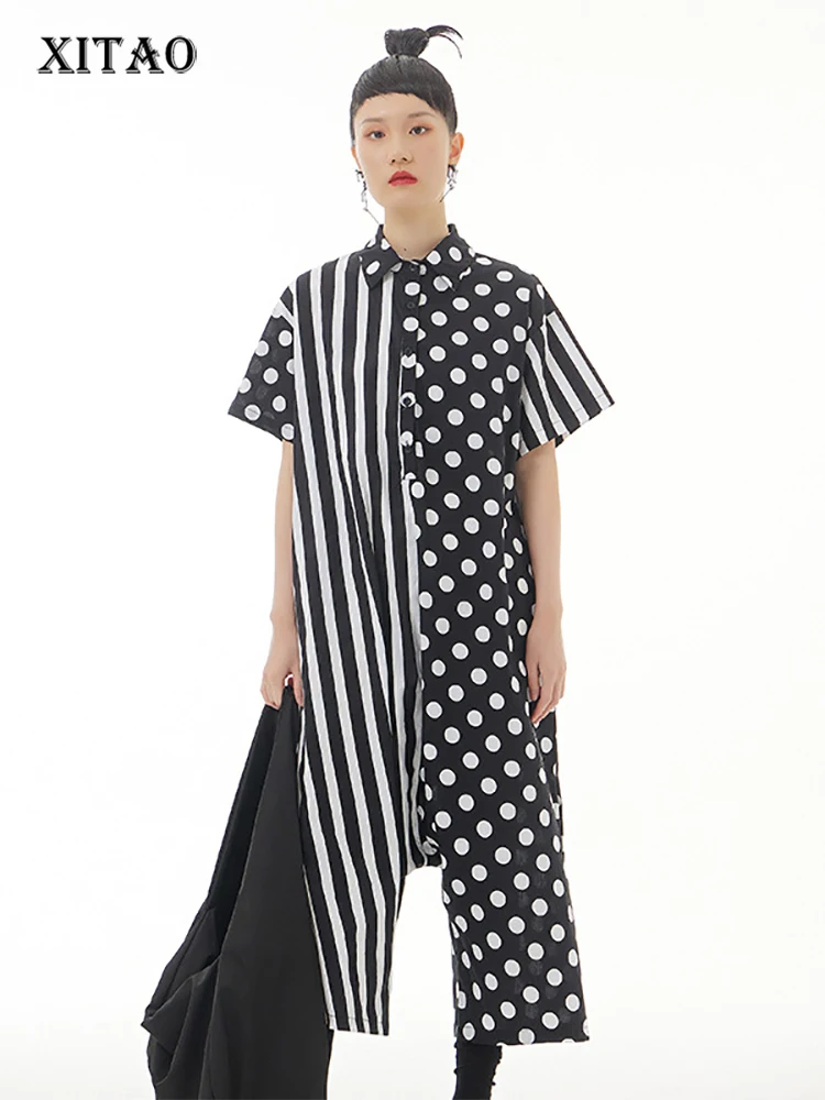 

XITAO Fashion Jumpsuits Asymmetrical Contrast Color Splicing Loose Women 2022 Summer New Casual Jumpsuits Cross Pants WLD8063