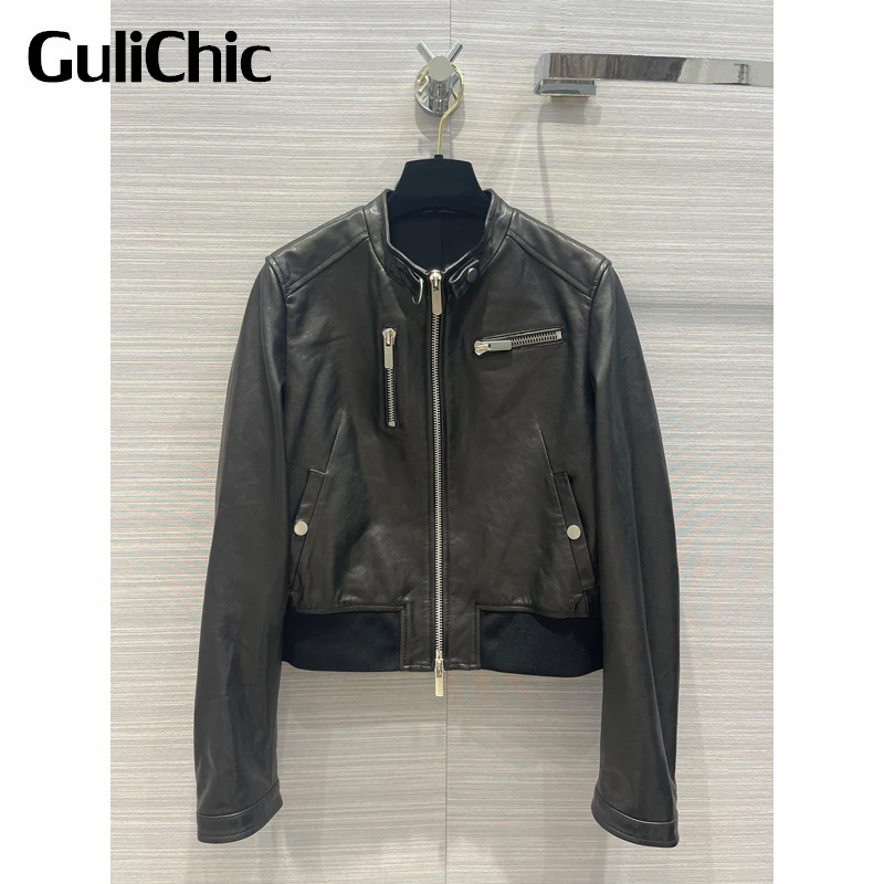 

12.27 GuliChic Women Vintage Street Casual Stand Collar Long Sleeve Zipper Black Short Genuine Leather Jacket