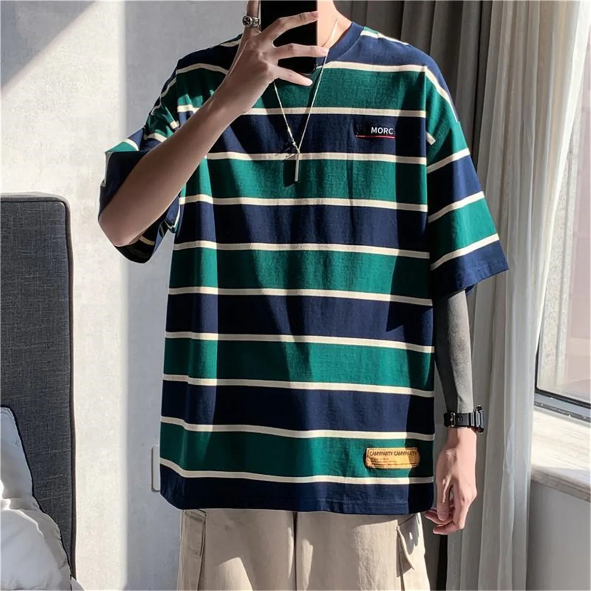 

Blue Cool Striped T Shirt Men Harajuku Short Sleeve Funny Vintage Tops Summer High Street Kawaii Punk O-neck Tshirt Streetwear