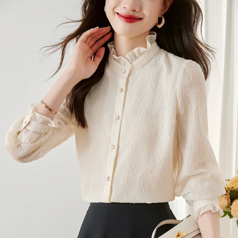 Новая женская рубашка с длинным рукавом однотонная рюшами блузка женские топы