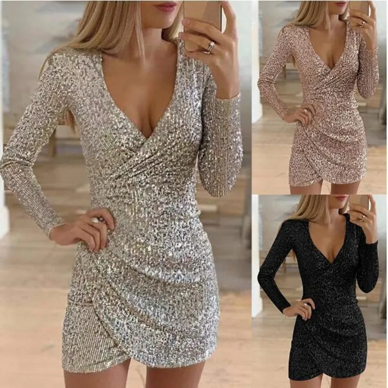 Fashion 2022 Women Sexy Sequins Glitter V-neck Mini Solid Bodycon Dresses Ladies Long Sleeve Party Club Dress Clothes Vestidos